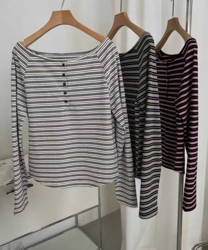 A04-挺版面料排扣船領條紋上衣(紅藍/白灰)