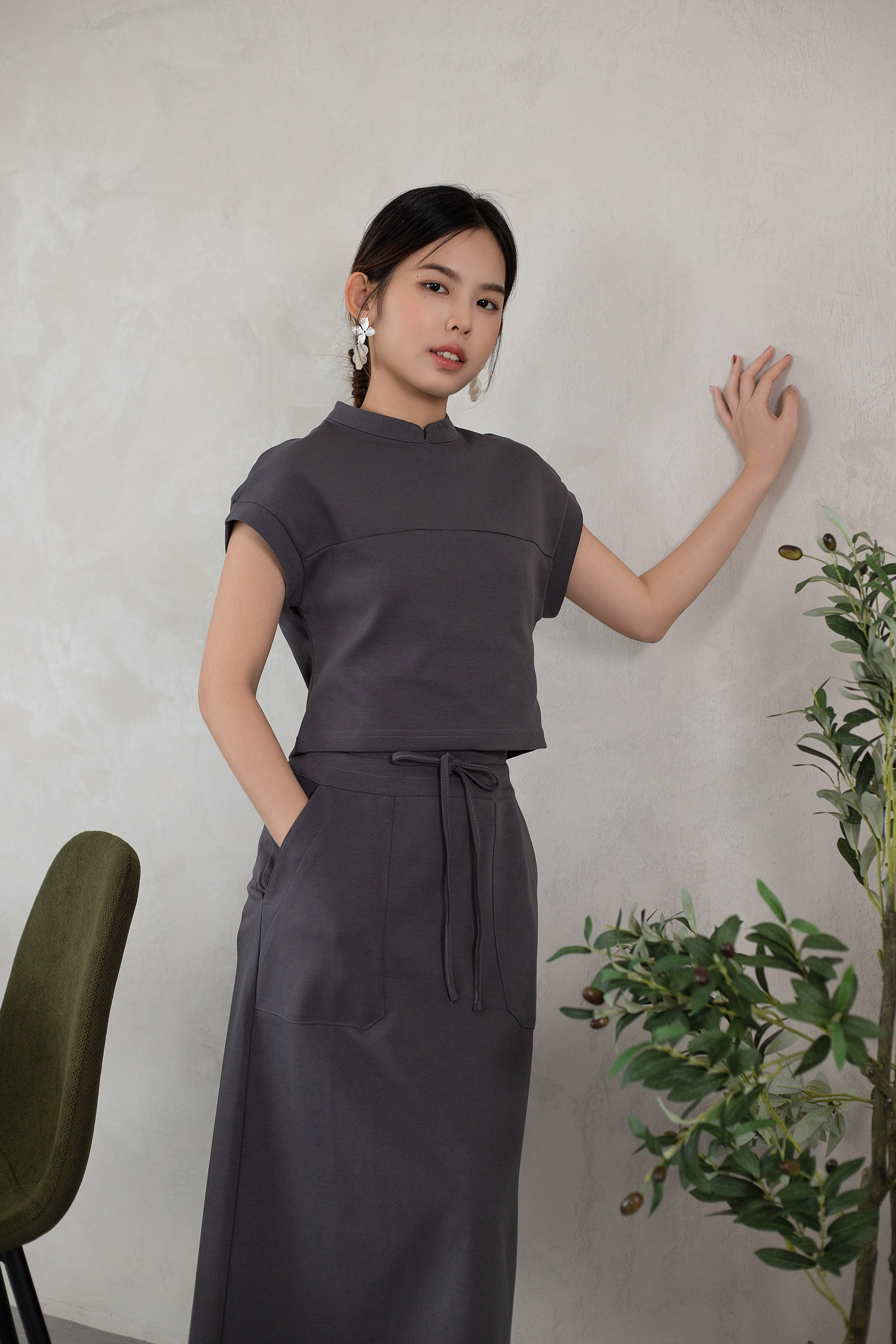 Yumo Panelled Cheongsam Top Ash Grey -2612BSGRY