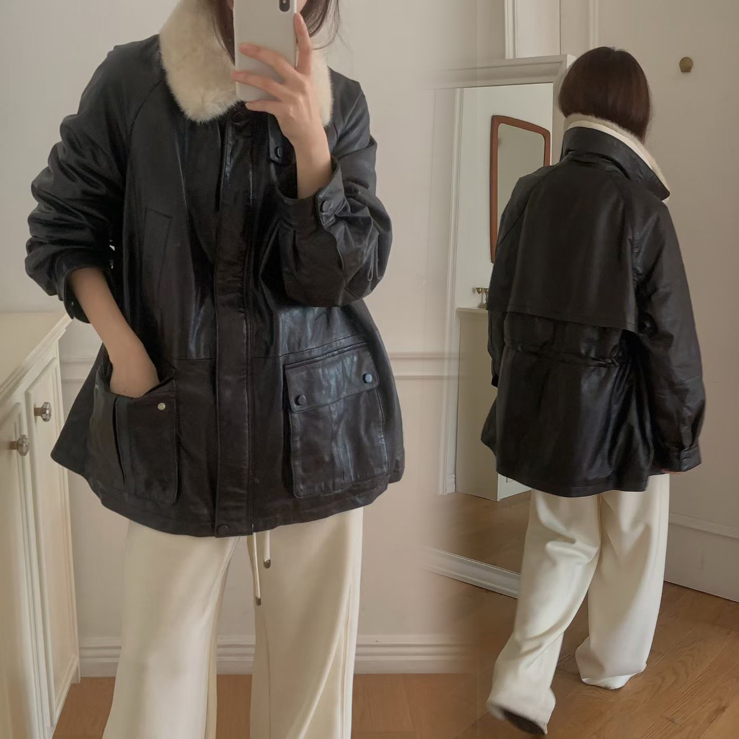 羊皮經典黑拼接貂毛領片造型皮衣外套-F