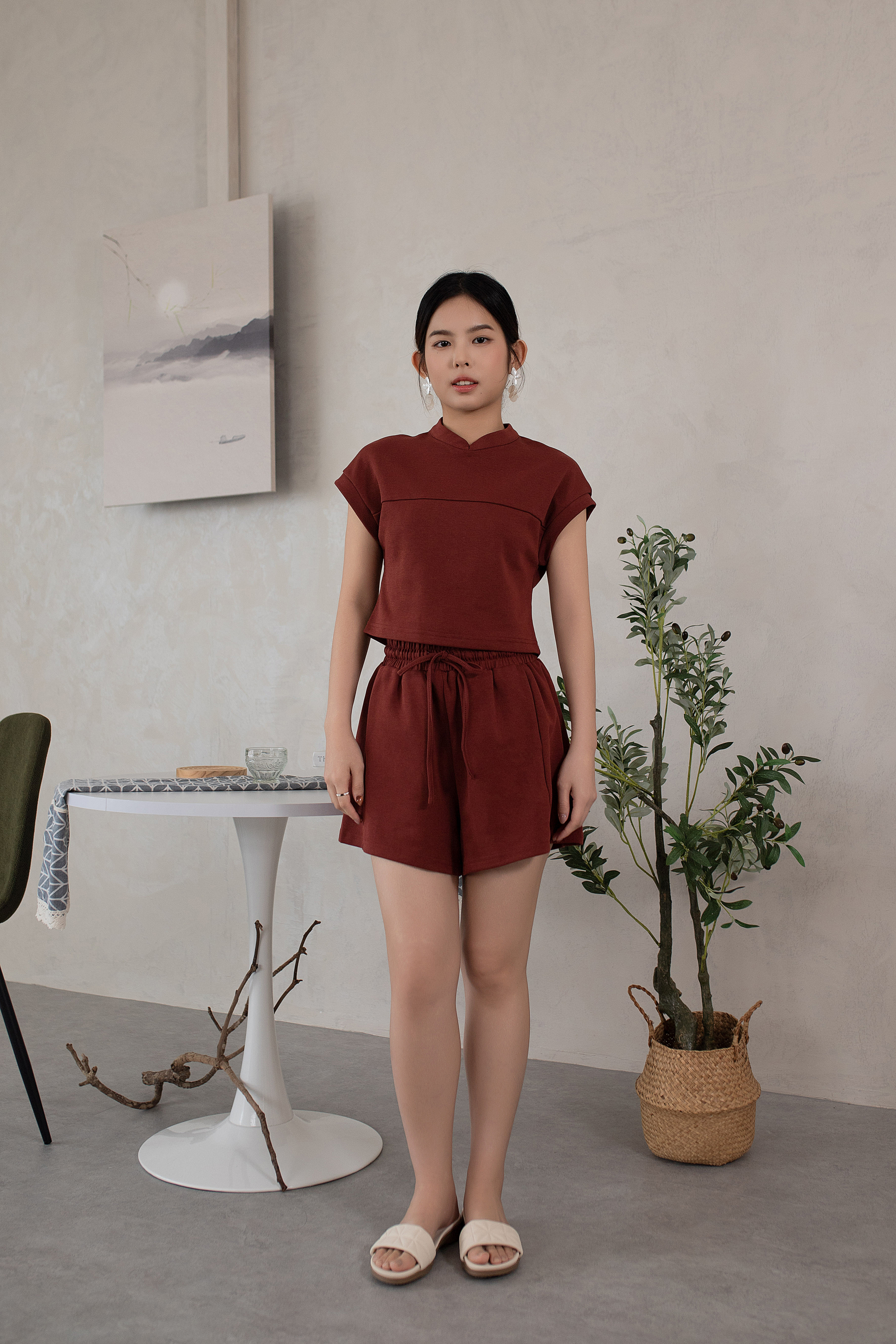 Yumo Panelled Cheongsam Top Redwood-2612BSRED