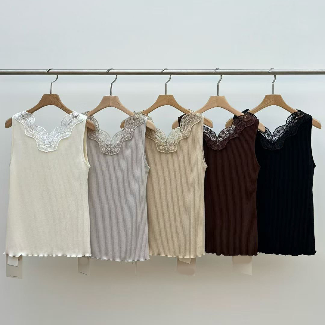 同色系蕾絲滾邊彈力螺紋背心上衣-F / 5色