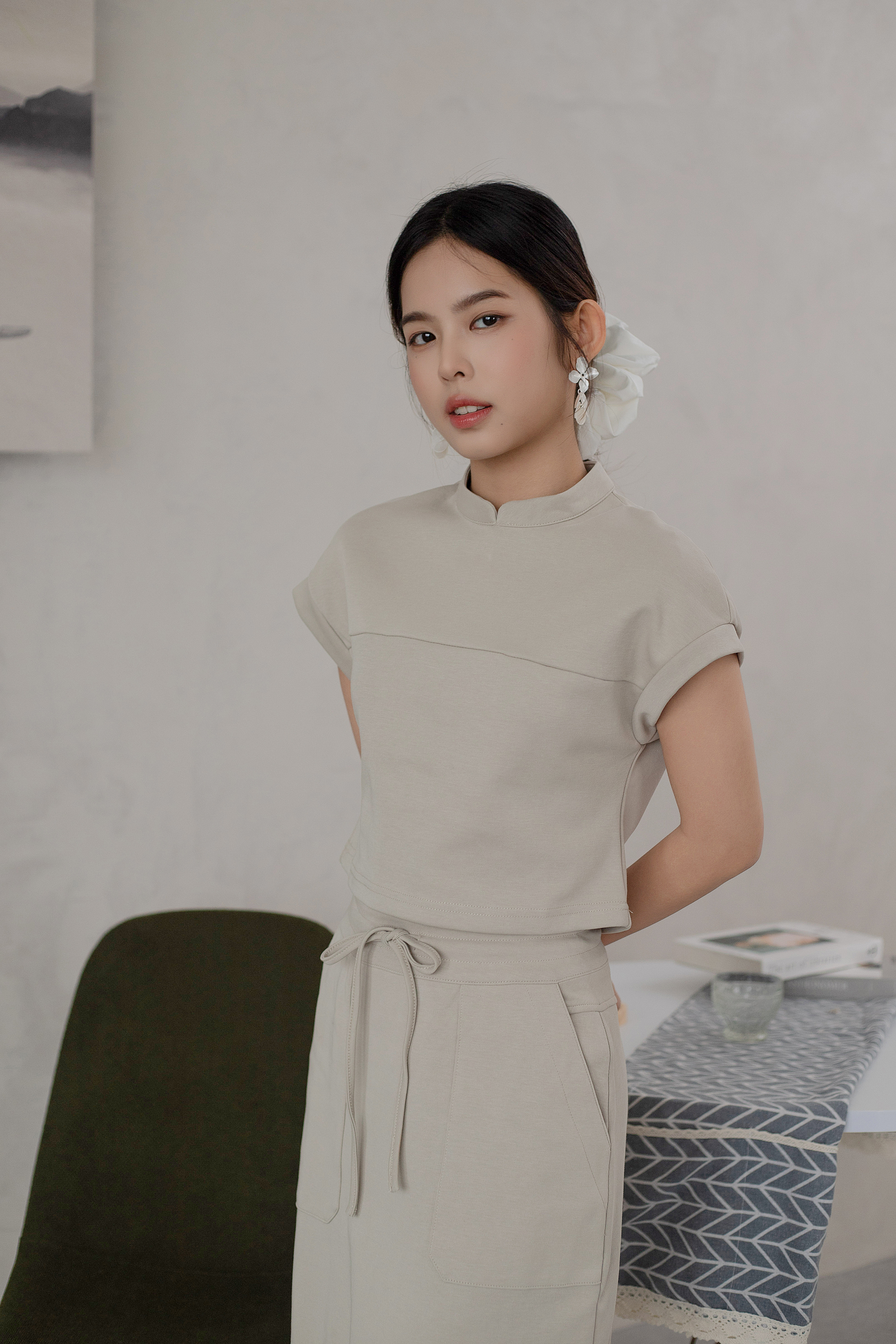 Yumo Panelled Cheongsam Top Sand-2612BSAN