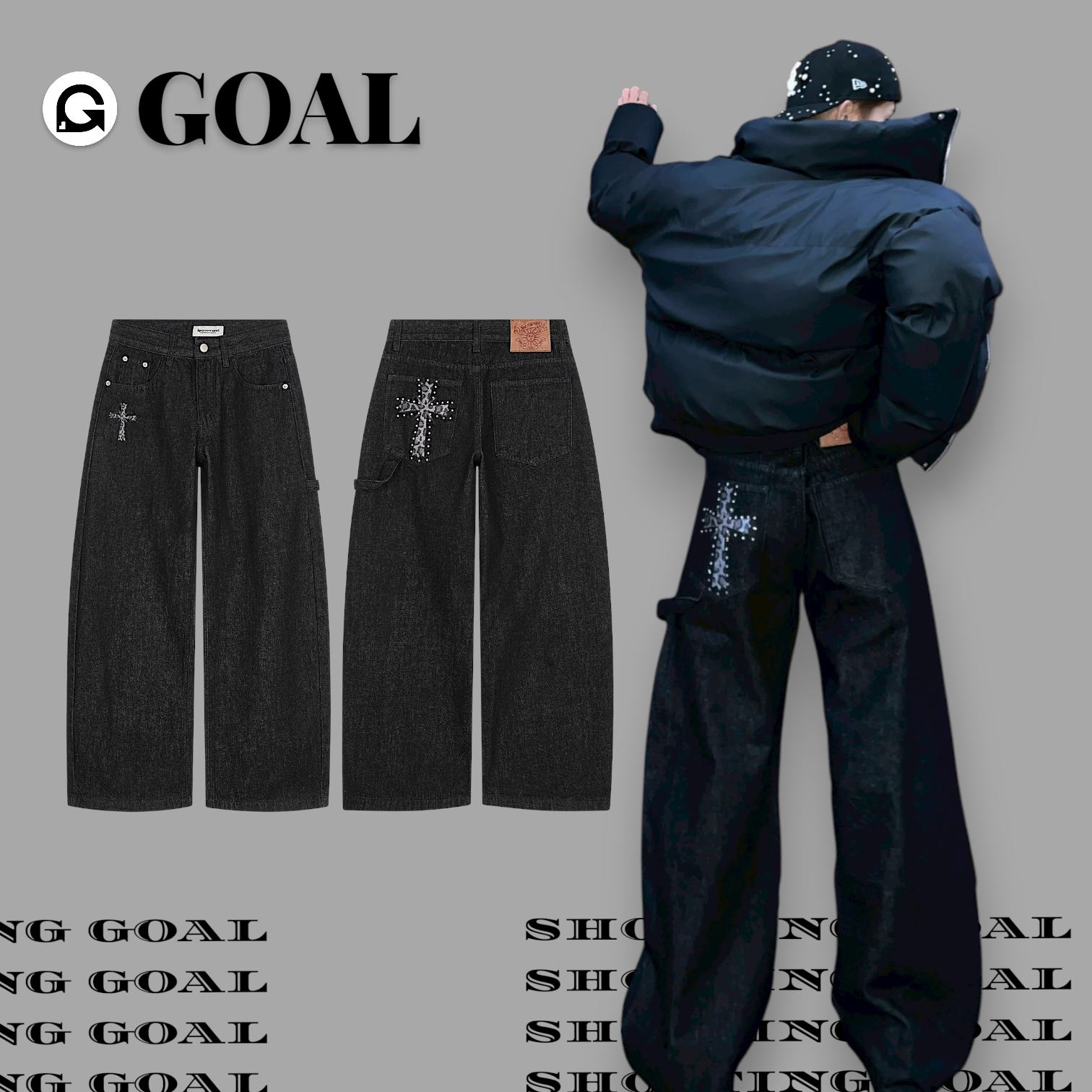 (GOAL) 美式豹紋鉚釘十字架直筒牛仔褲 SP0335