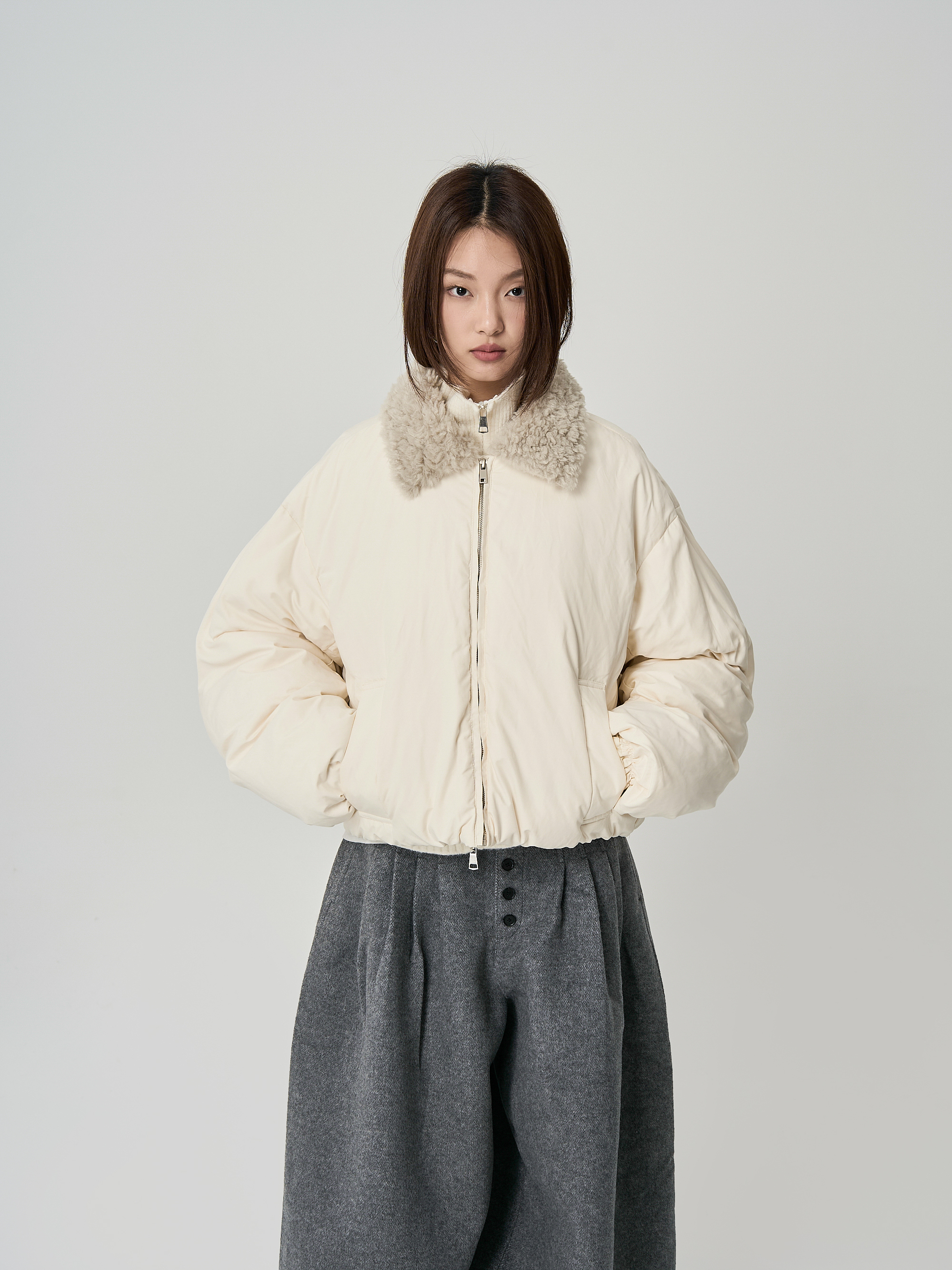 毛領羽絨外套-白