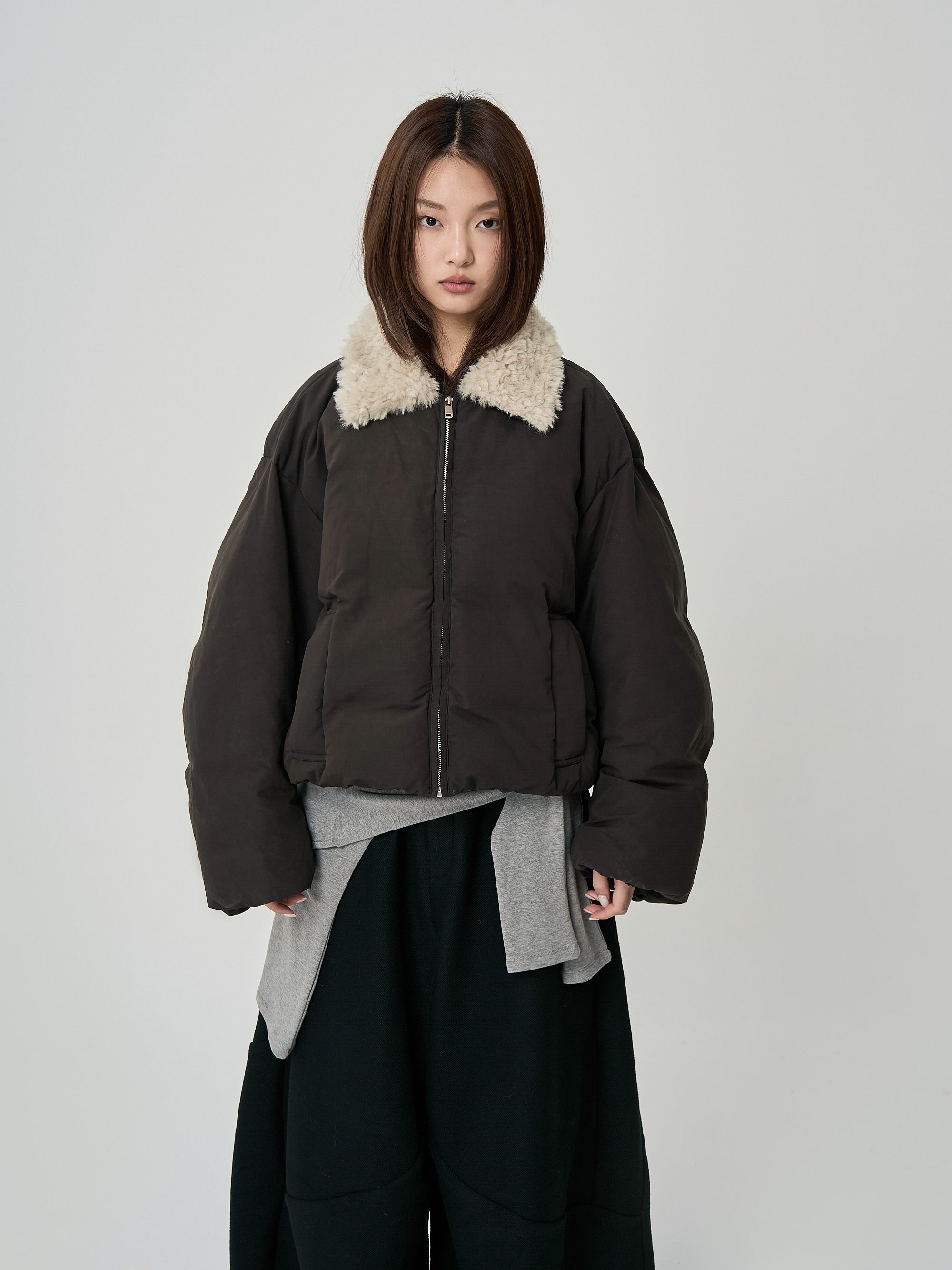 毛領羽絨外套-黑