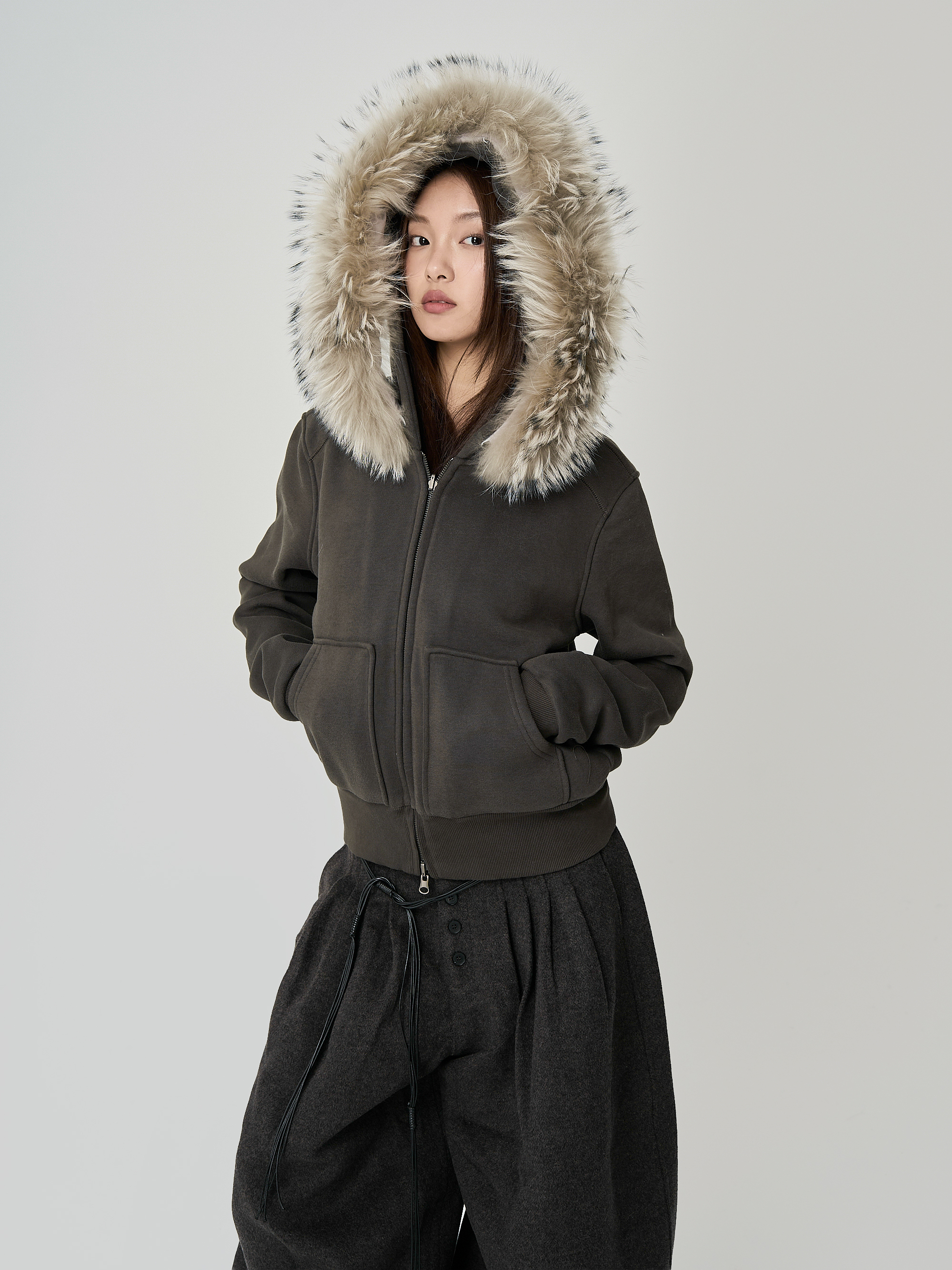 真毛毛領加絨短版外套(毛領可拆）-棕