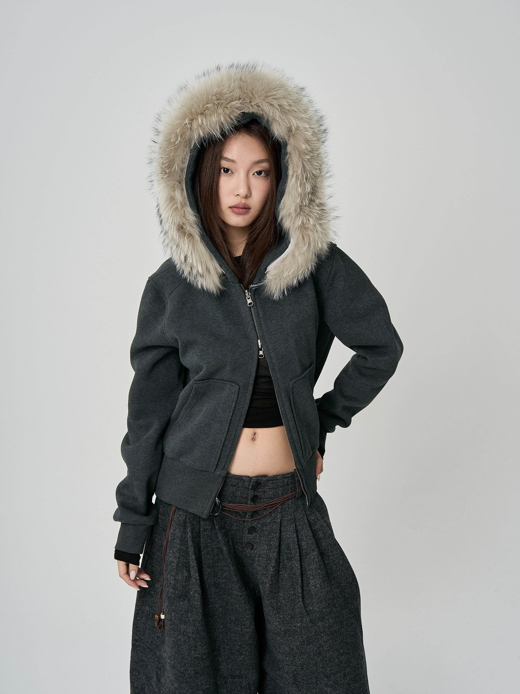 真毛毛領加絨短版外套(毛領可拆）-深灰