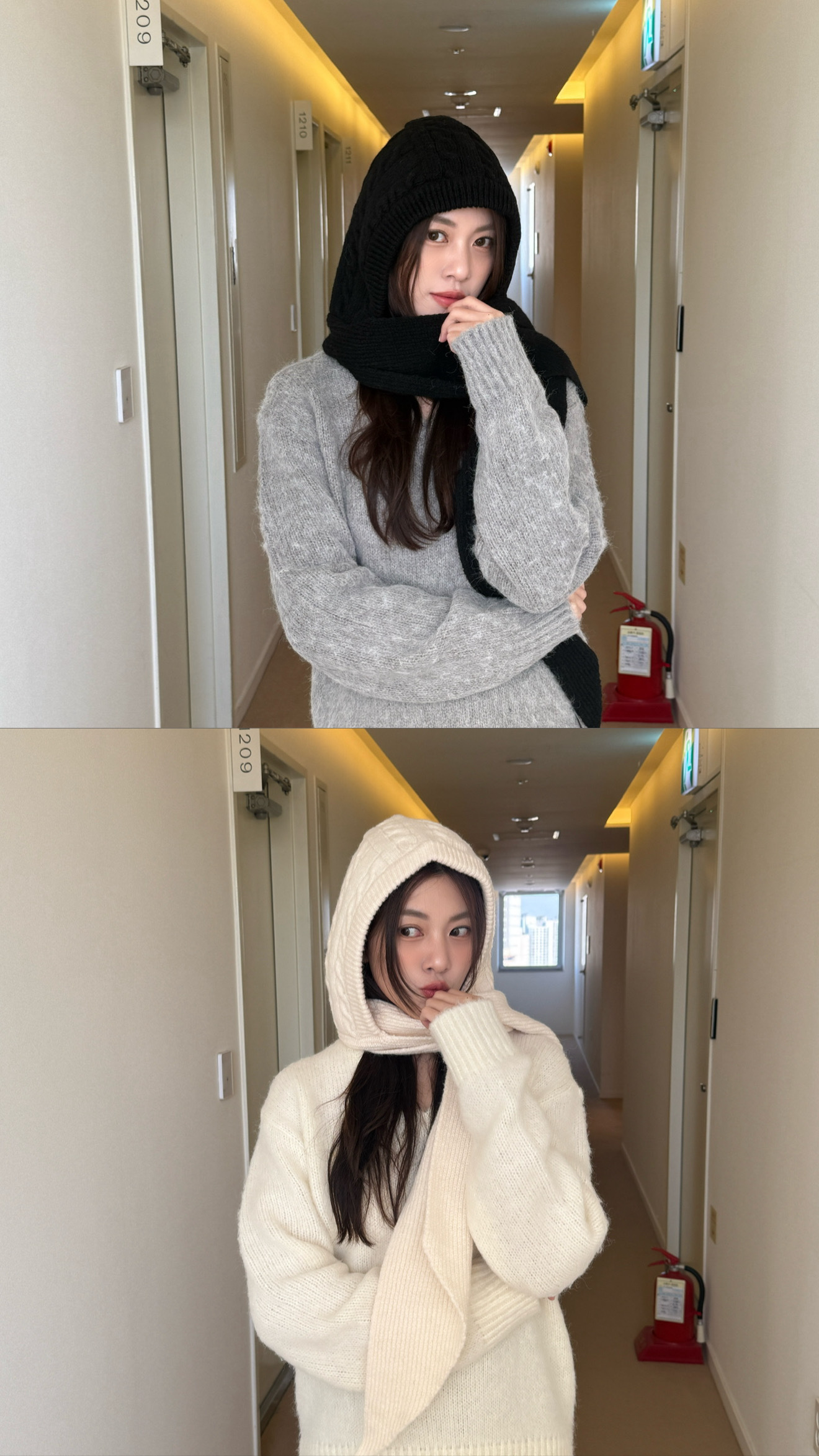 今年必備！麻花捲連帽圍巾(白/黑)