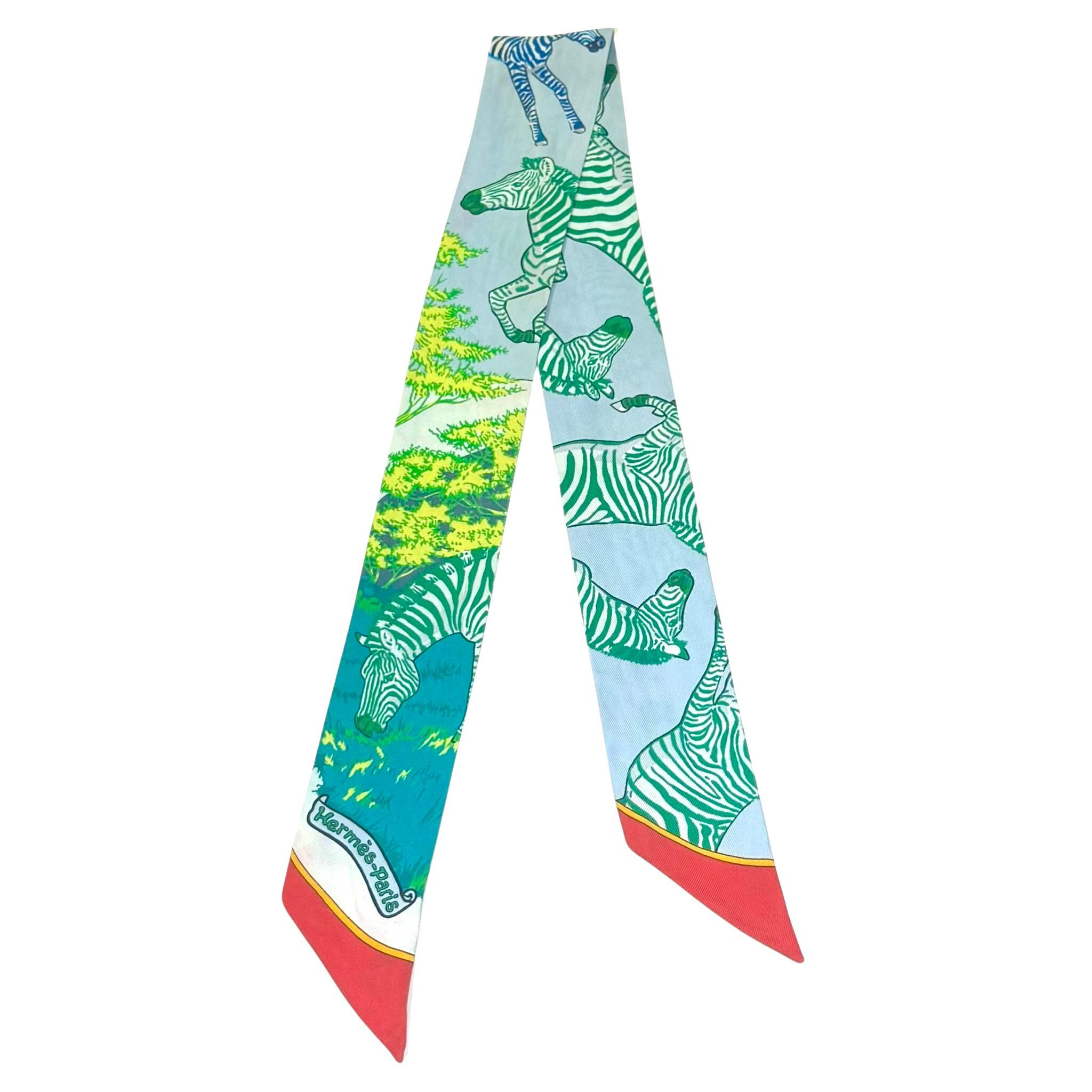 95%NEW二手 HERMES TWILLY 絲巾斑馬圖案藍/綠/紅Twilly #香榭站正品