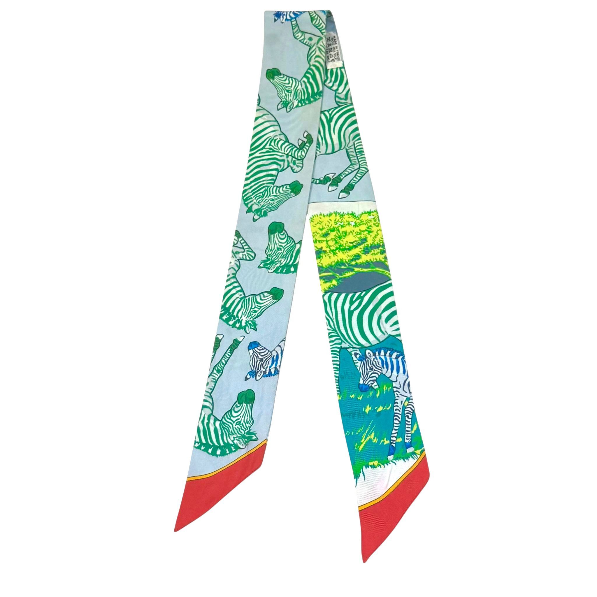 95%NEW二手 HERMES TWILLY 絲巾斑馬圖案藍/綠/紅Twilly #香榭站正品