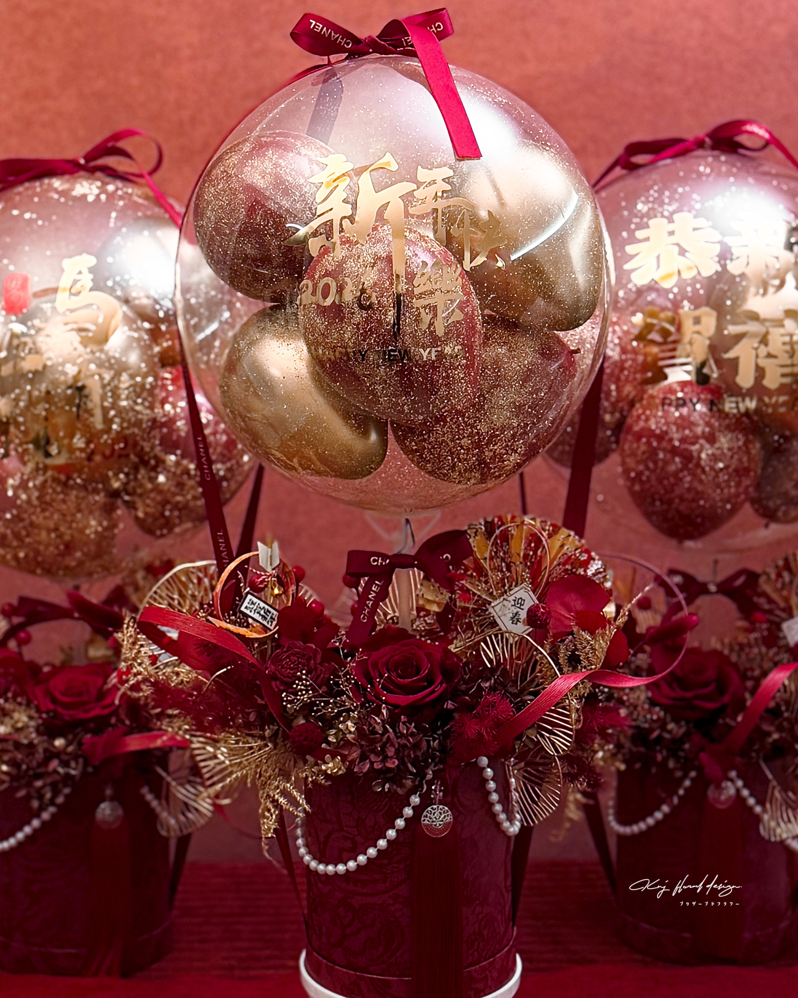 新年熱氣球永生花禮―鎏禧紅