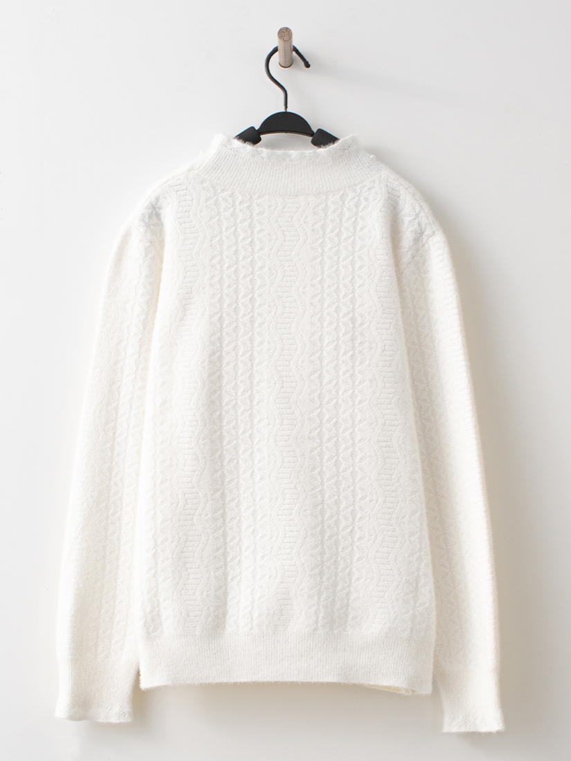 領口珍珠絨毛蕾絲緹花半高領針織上衣