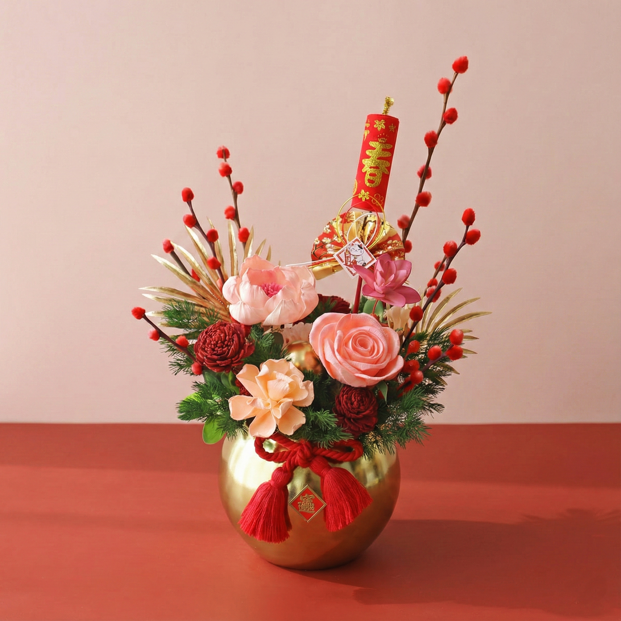 T20｜年年如意新年桌花｜索拉花/永生葉材｜新年盆花/春節賀禮(新年裝飾物款式隨機)