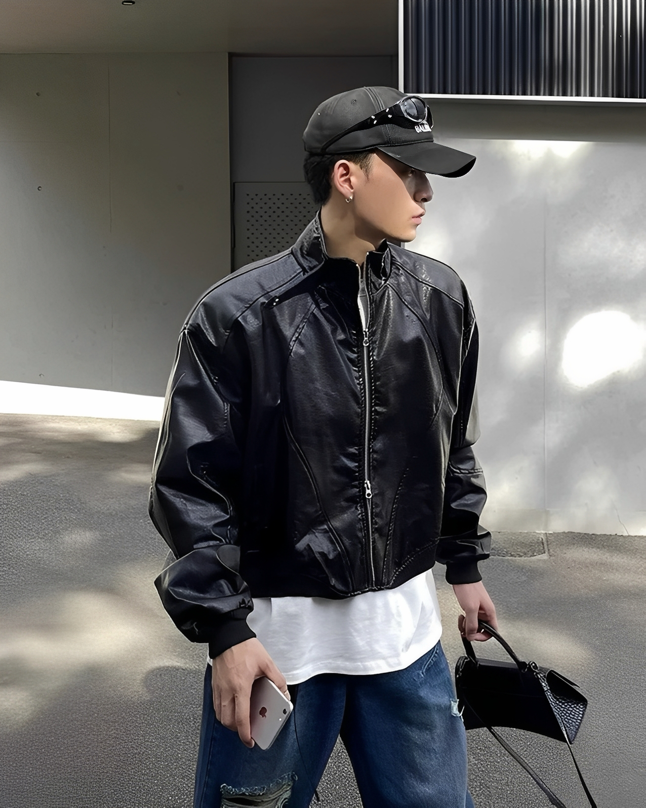 復古 街頭 亮面 立領 墊肩 外套