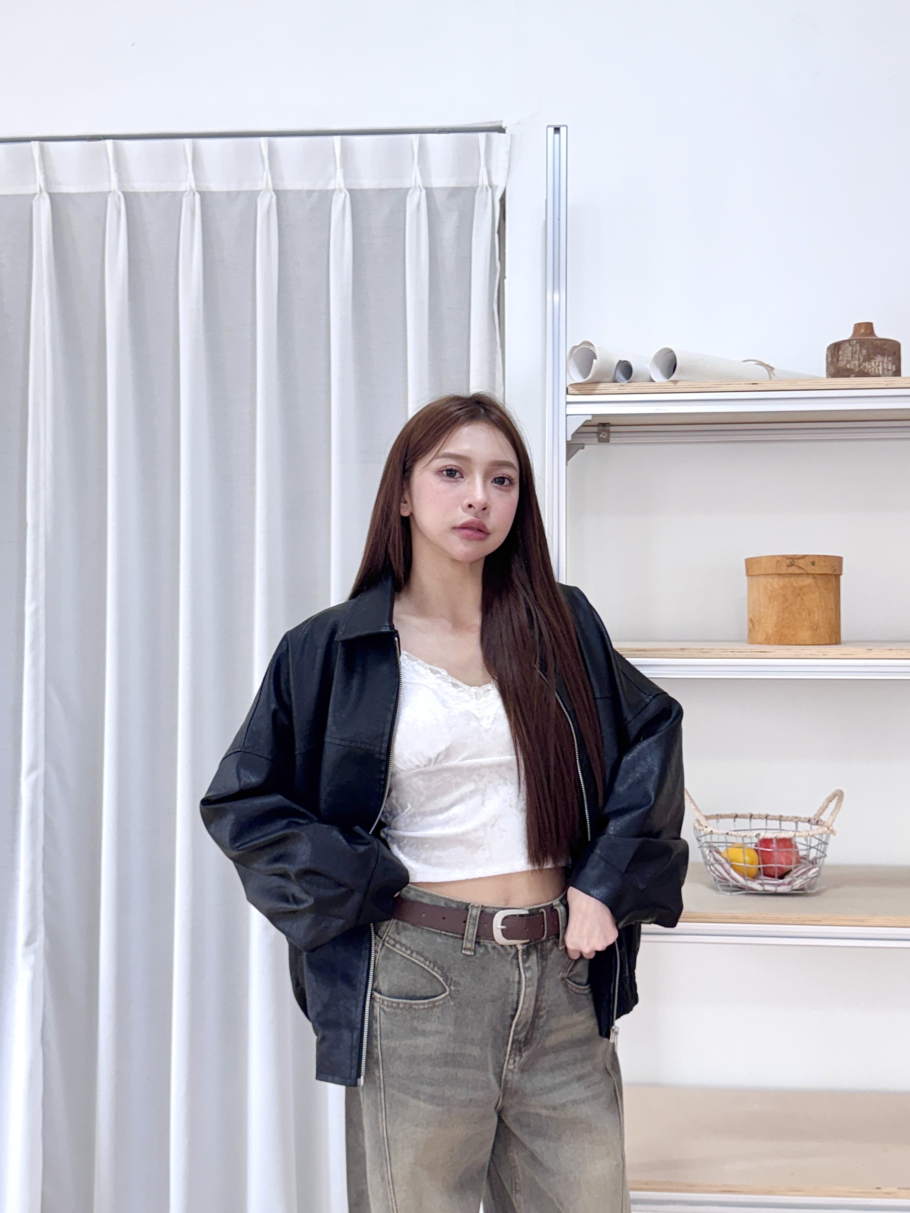 附皮帶復古牛仔繭型褲