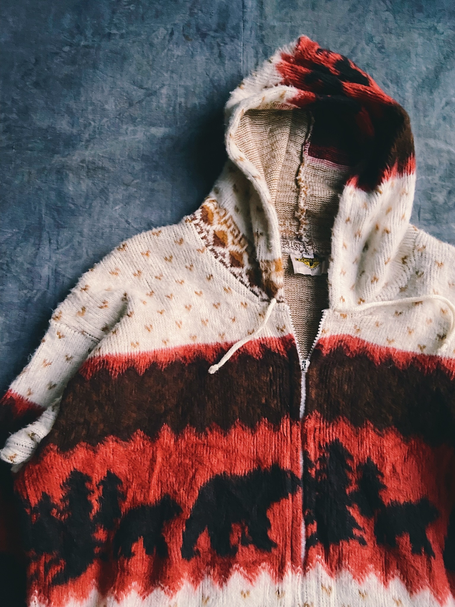 Vintage Mohair Hooded Pattern Jacket/ 美國馬海毛 戶外連帽刷毛外套 動物圖騰