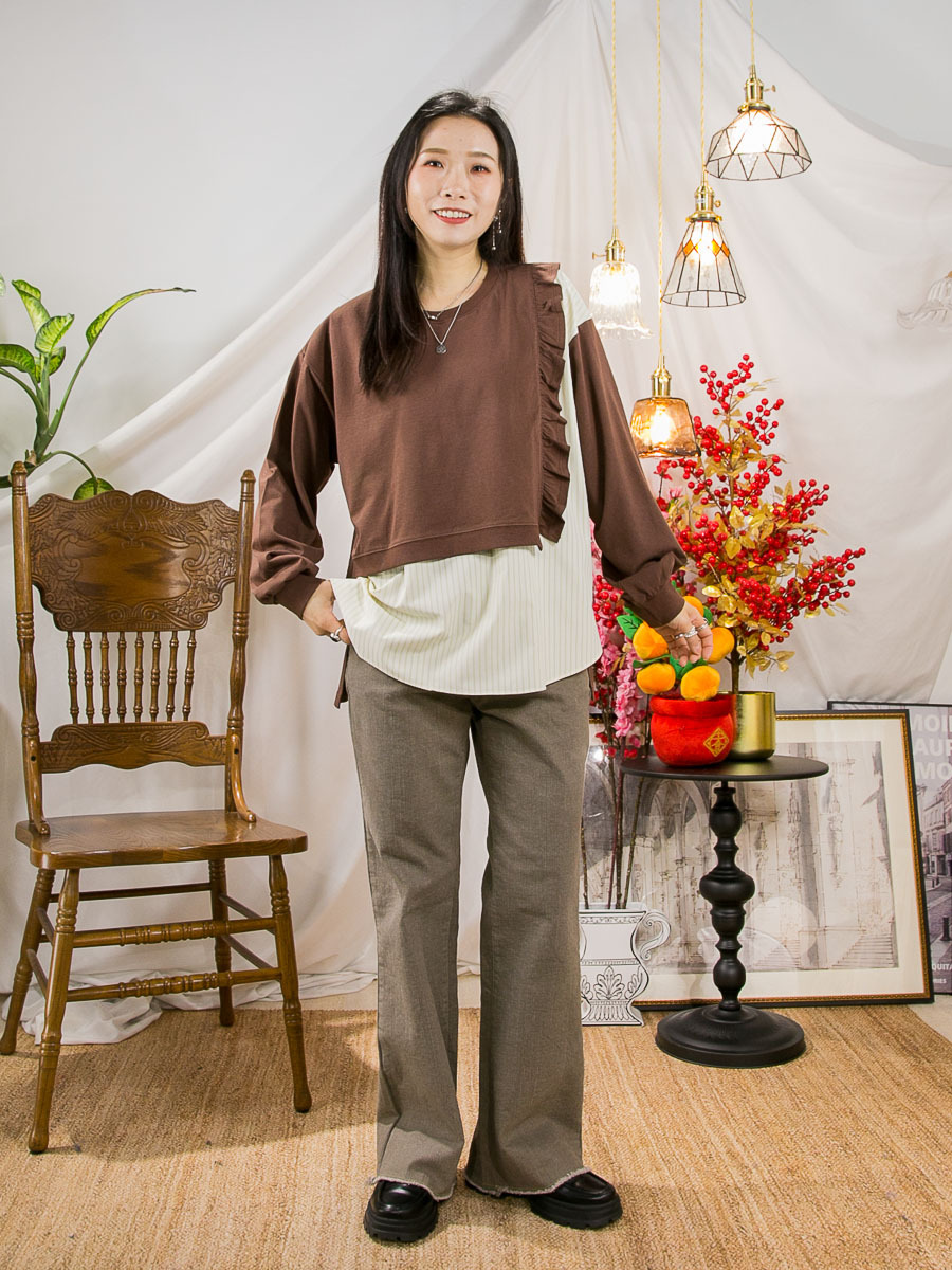 ⬇️開倉低至半價😱FINALSALE📣前幅DOUBLE LAYER．直紋恤衫料 拼 COTTON料TOP【不設退換】