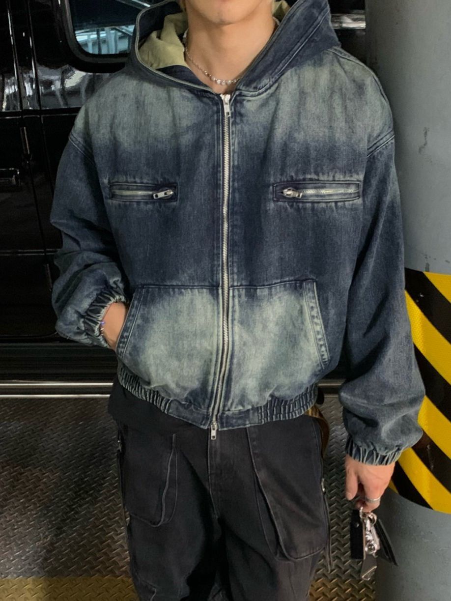 洗水連帽拉鍊牛仔褸 MENTO-017JK