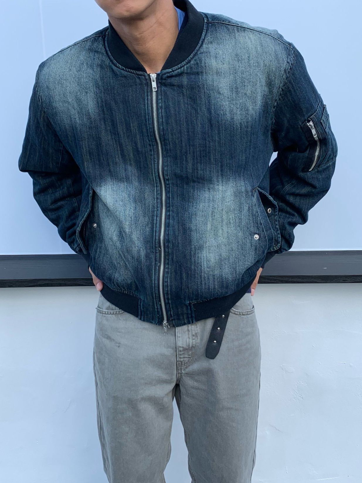 洗水直紋拉鍊牛仔褸 MENTO-019JK