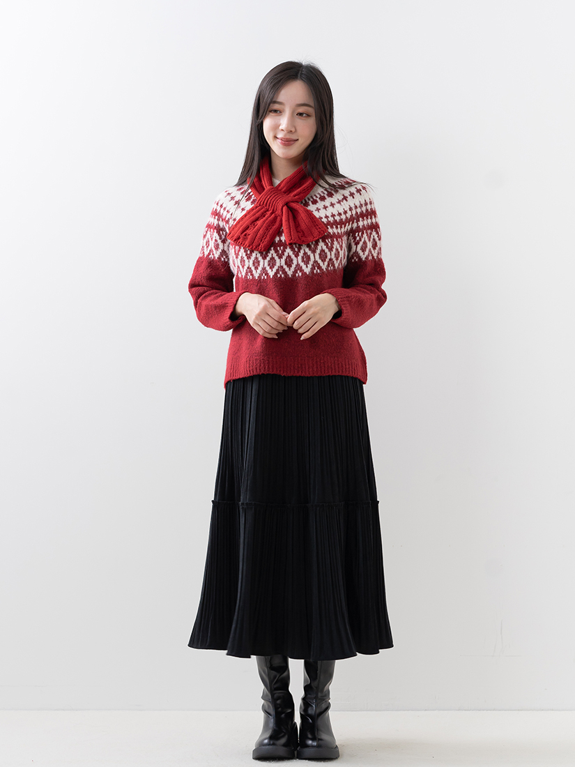 鬆軟毛織紋毛衣紋理壓褶絨面長裙組合