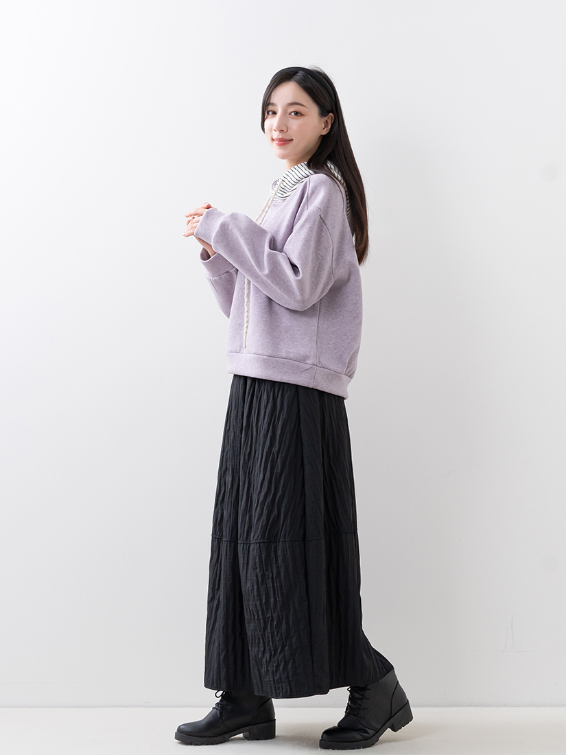內絨毛條紋連帽上衣鋪棉花苞感長裙組合