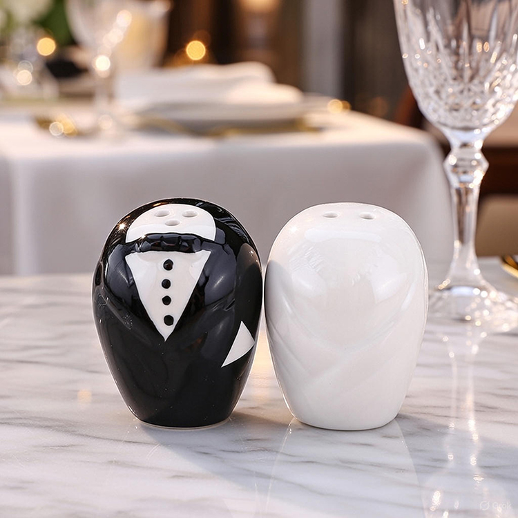 新郎新娘禮服調味罐椒鹽罐禮盒組,婚禮小物,結婚伴手禮,Mr. & Mrs." Ceramic Wedding Figurine Salt and Pepper Shaker Set