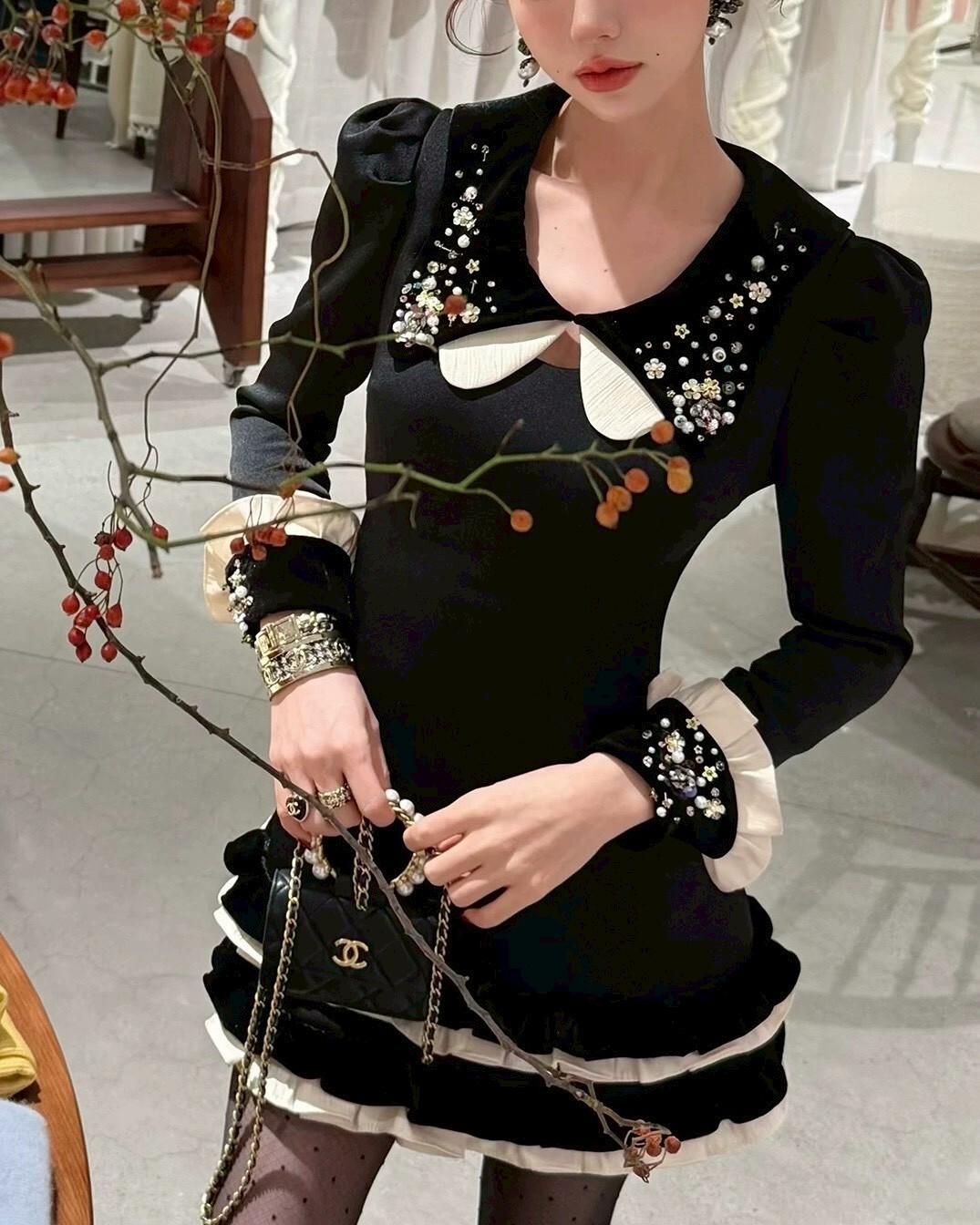 設計師家赫本風撞色鑽飾娃娃領洋裝