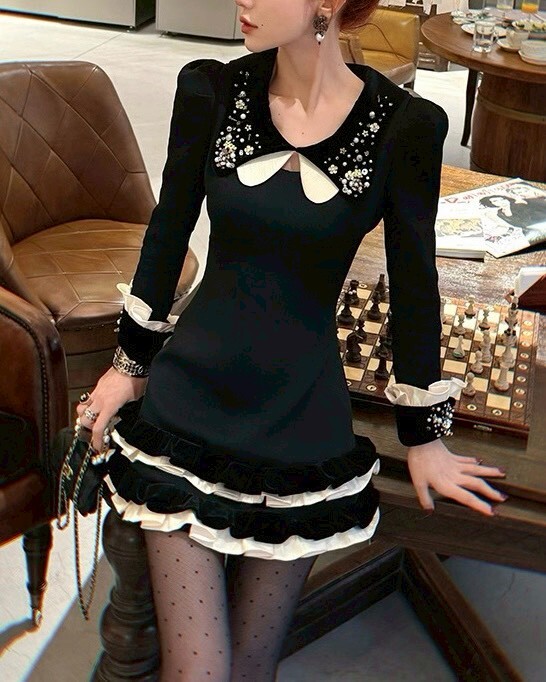設計師家赫本風撞色鑽飾娃娃領洋裝