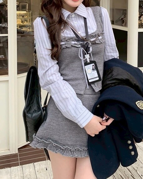 設計師家假兩件拼接襯衫上衣+荷葉邊a字裙套