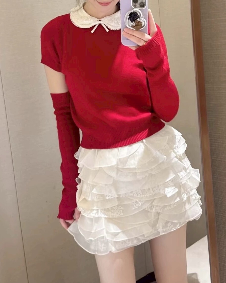 設計師家千金圓領帶袖套含羊毛針織上衣