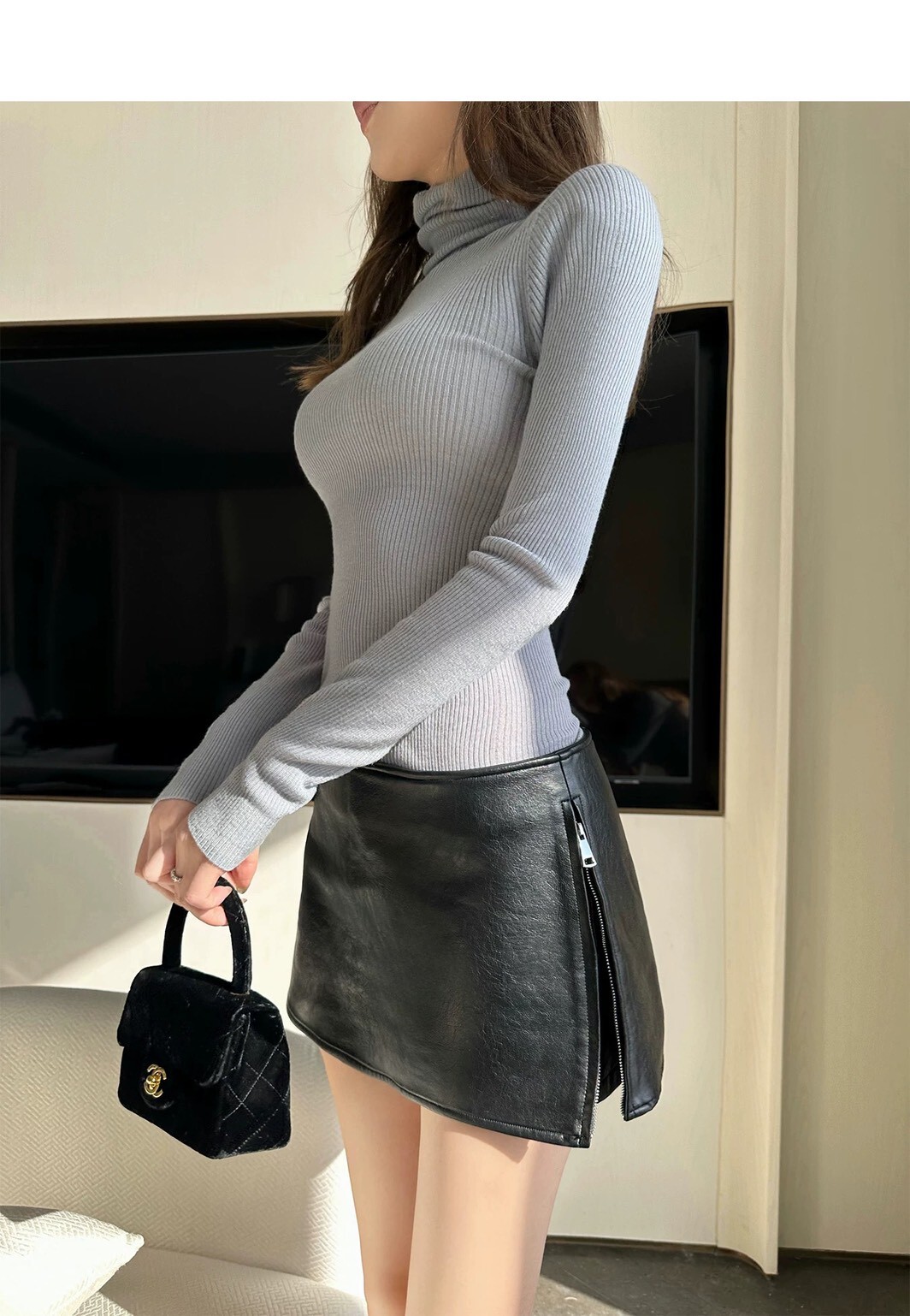 設計師家單側拉鍊開衩皮裙