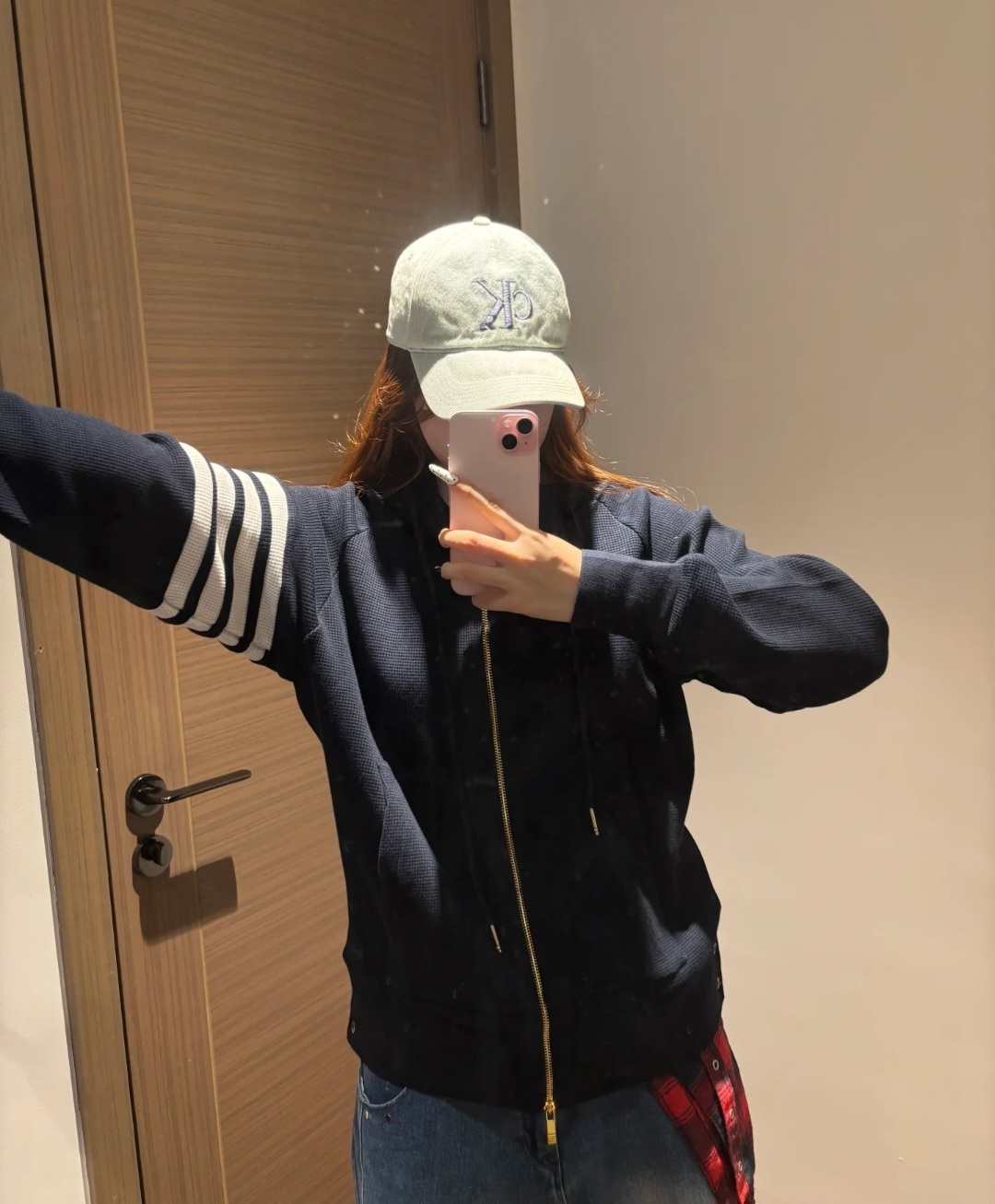 THOM BROWNE 窩夫格有帽拉鏈外套 深藍色