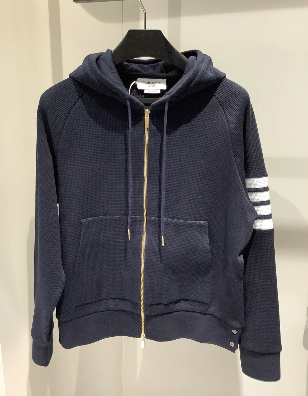 THOM BROWNE 窩夫格有帽拉鏈外套 深藍色