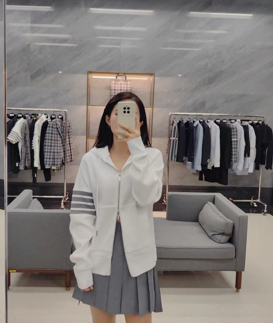 THOM BROWNE 窩夫格有帽拉鏈外套 白色