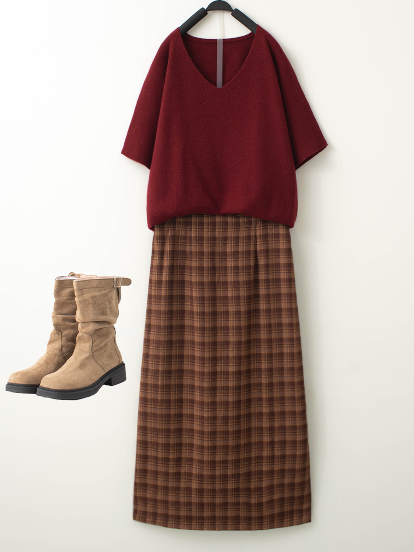 V領棉柔針織短袖上衣格紋後開衩長裙組合