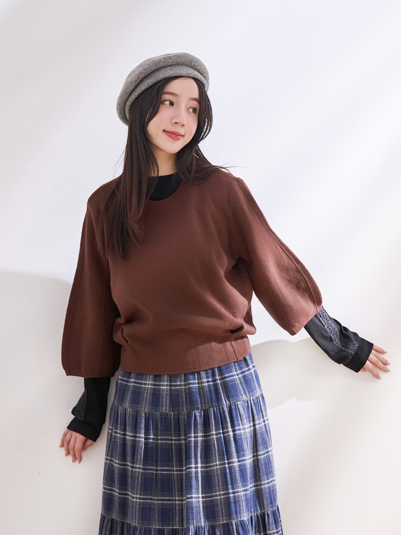 蓬袖針織上衣簍空蕾絲上衣格紋蛋糕裙組合