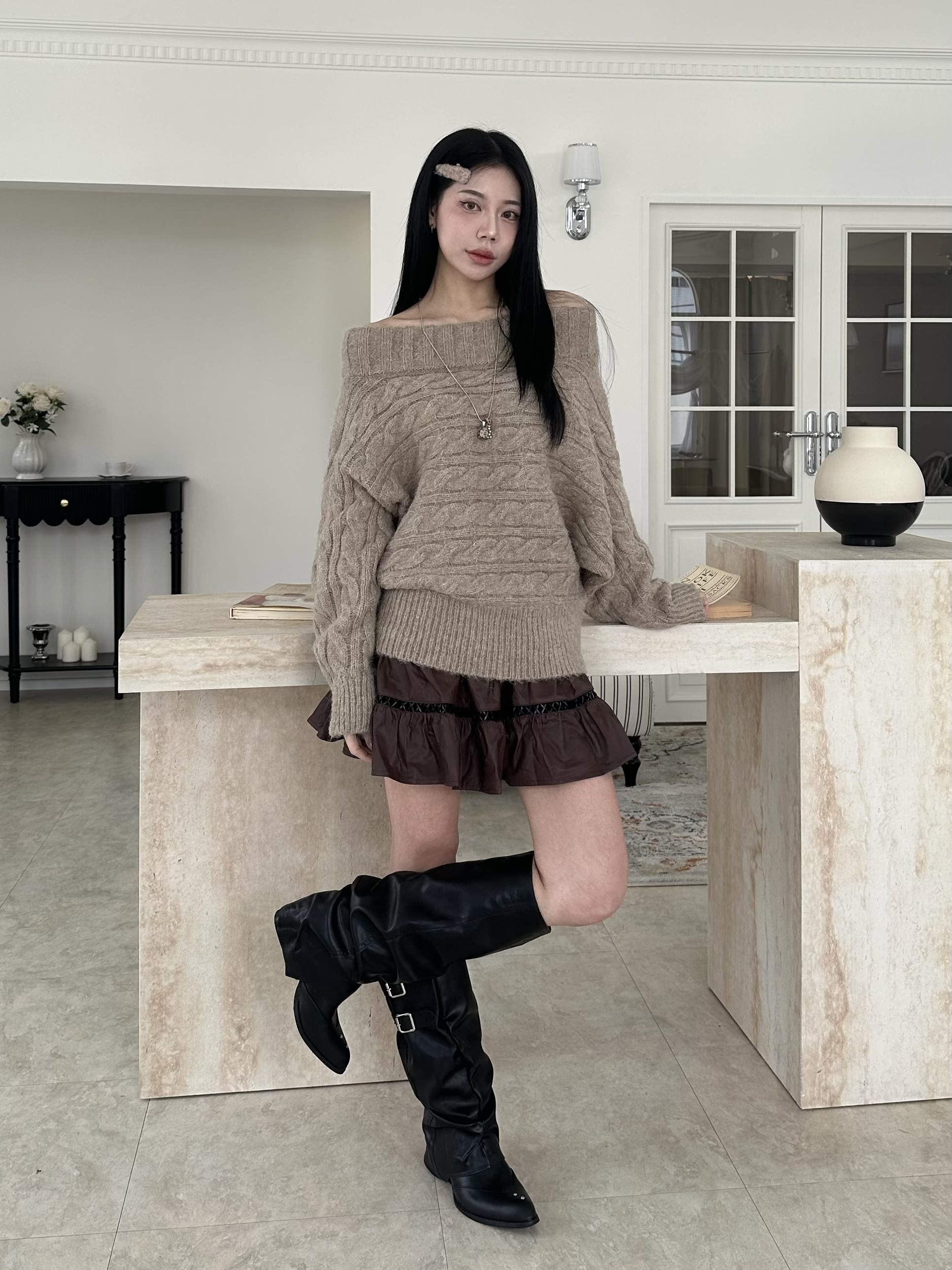 冬日鬆弛感麻花一字領