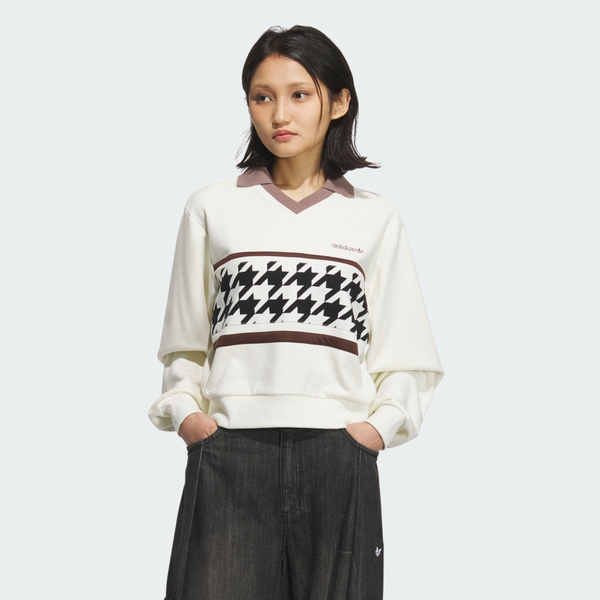 Adidas 愛迪達 Htth Sweat Crew KC2689 女 長袖上衣 休閒長袖 千鳥格紋 白 棕 亞版