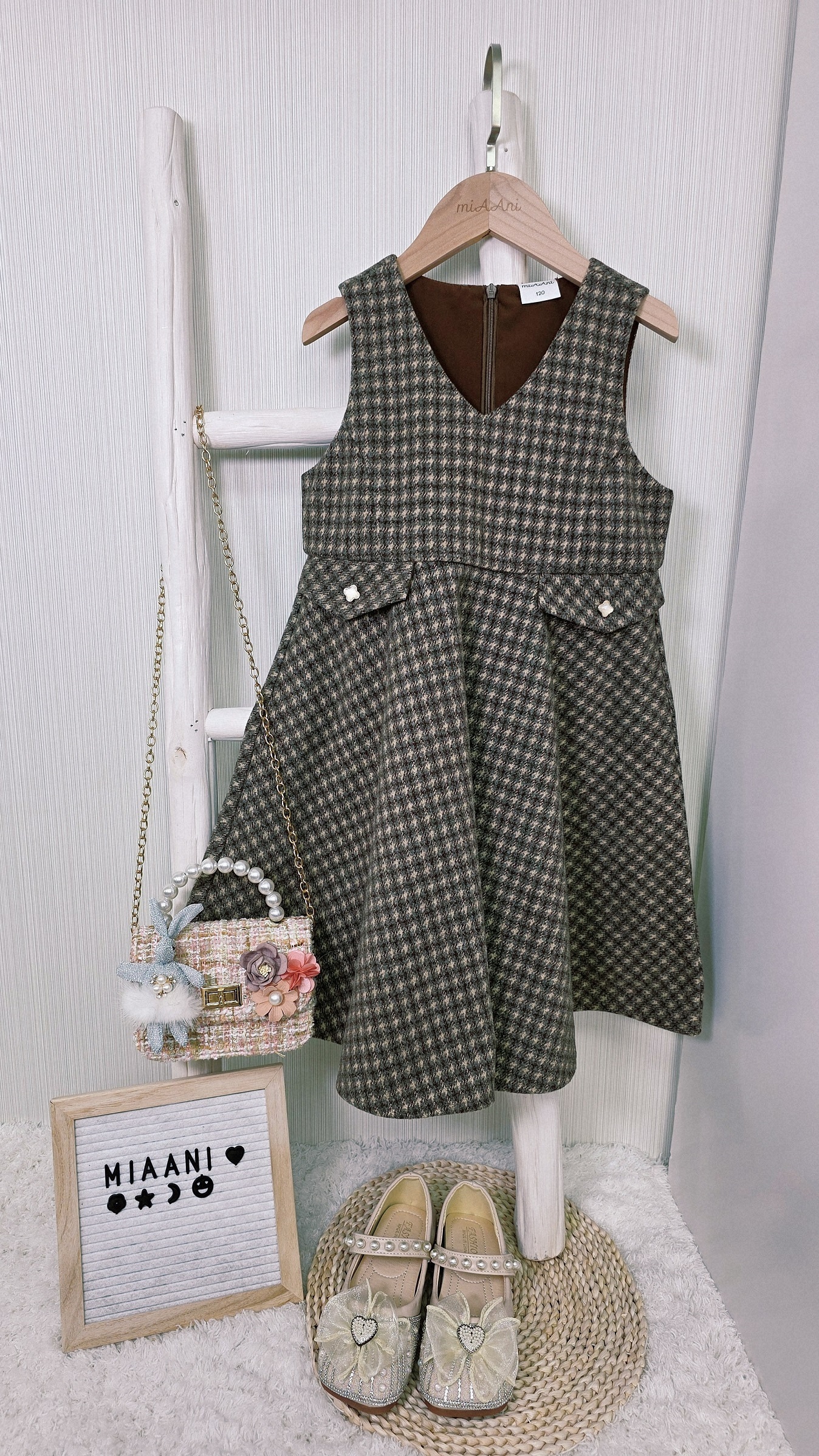 Clara 深啡千鳥格字連身裙