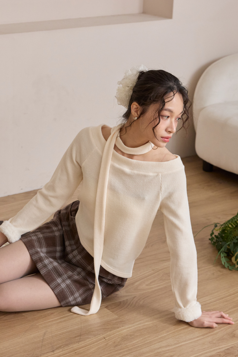 不對稱下擺毛絨手袖上衣(附綁帶)