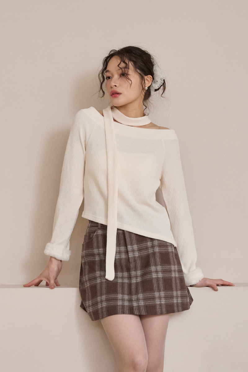 不對稱下擺毛絨手袖上衣(附綁帶)