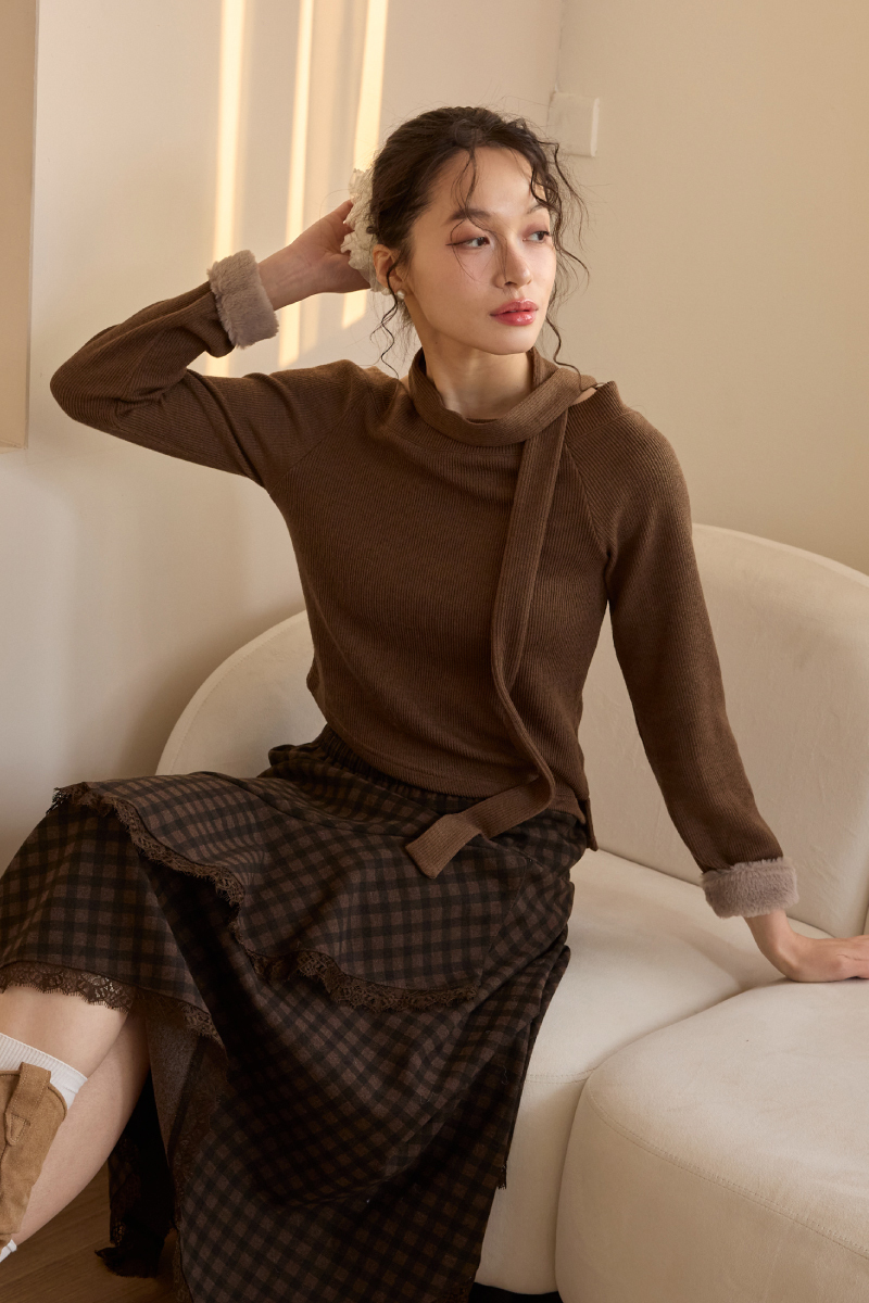 不對稱下擺毛絨手袖上衣(附綁帶)