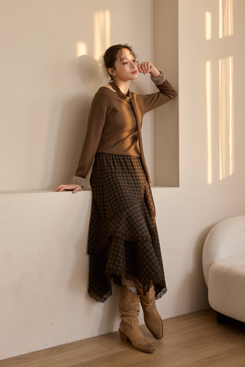 不對稱下擺毛絨手袖上衣(附綁帶)