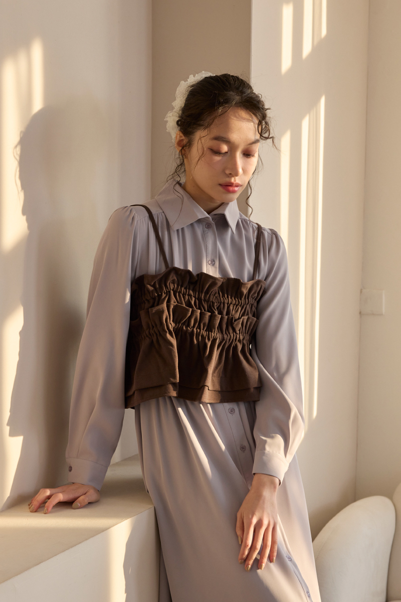 荷葉抓褶綁帶背心上衣