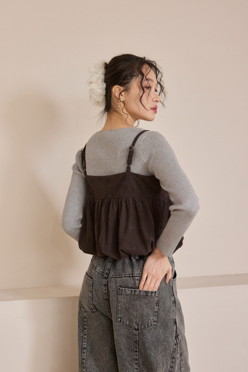 燈芯絨短版拉鍊背心