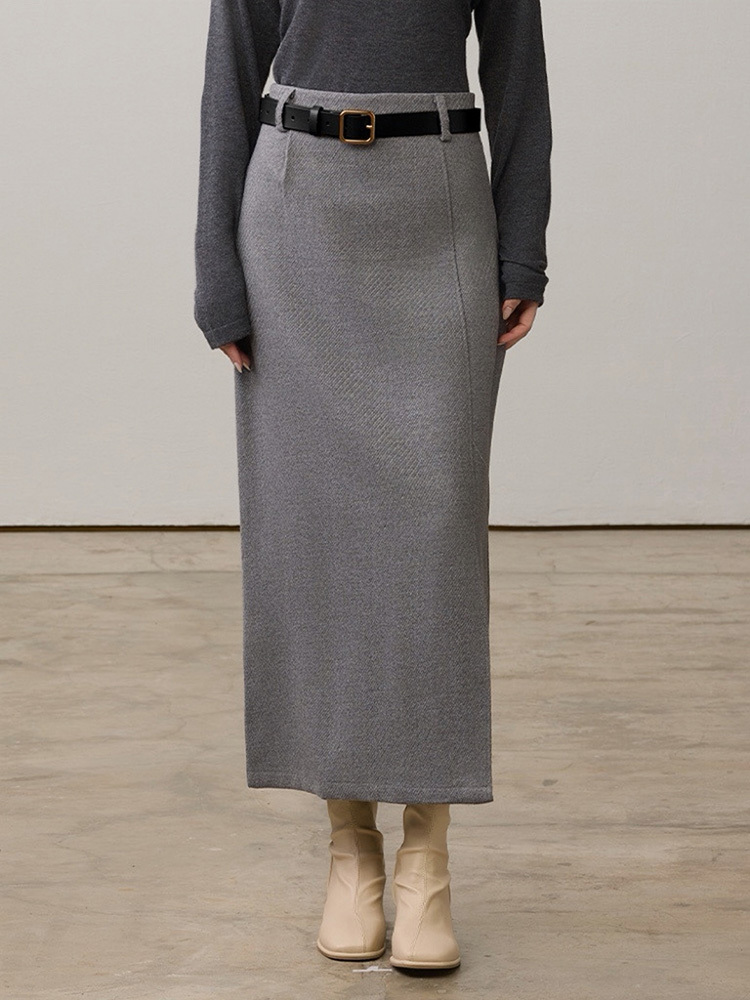 OH！HER 毛呢側開衩斜紋半身裙