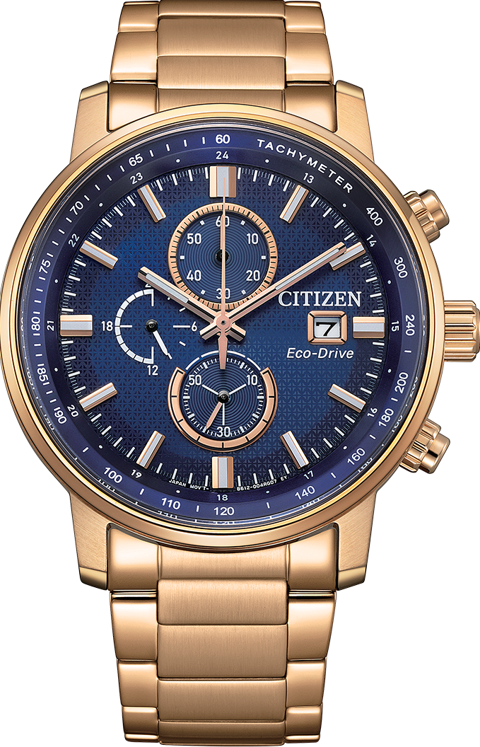 萬年鐘錶 - Citizen 星辰錶 玫瑰金色藍色面盤光動能三眼計時男錶 CA0843-89L 錶徑43MM