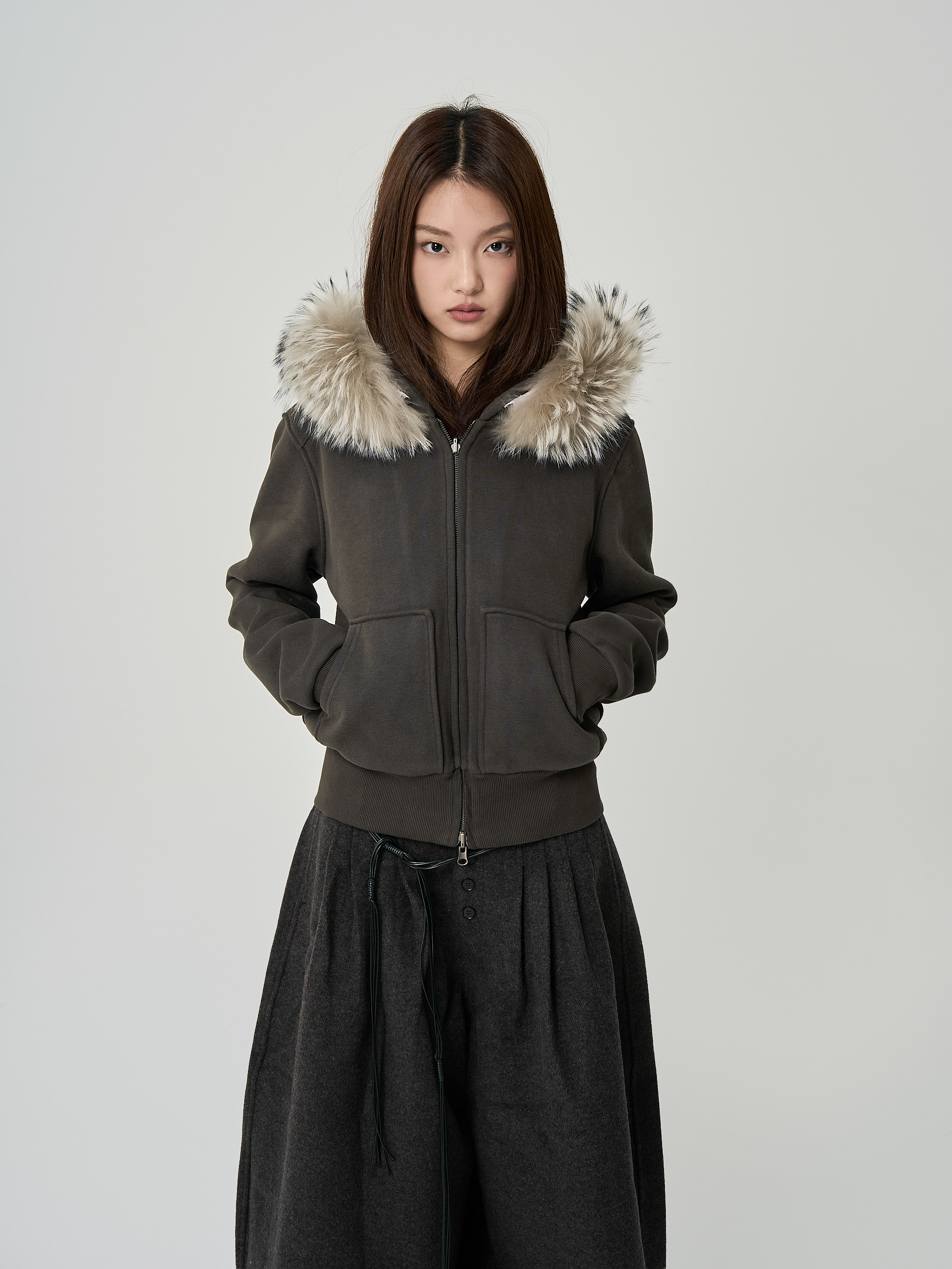 真毛毛領加絨短版外套(毛領可拆）-棕