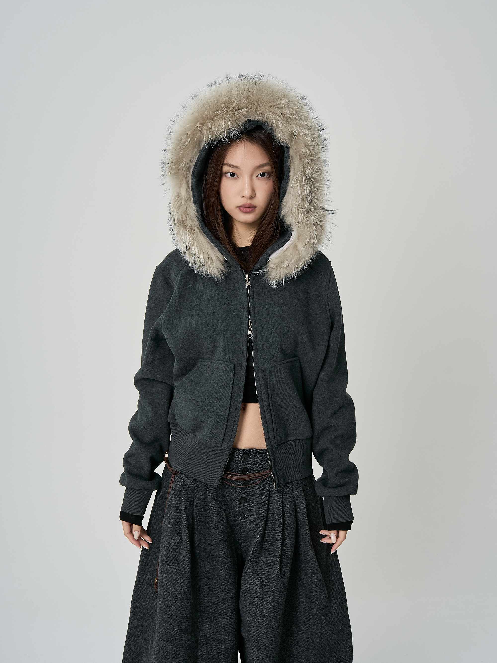 真毛毛領加絨短版外套(毛領可拆）-深灰