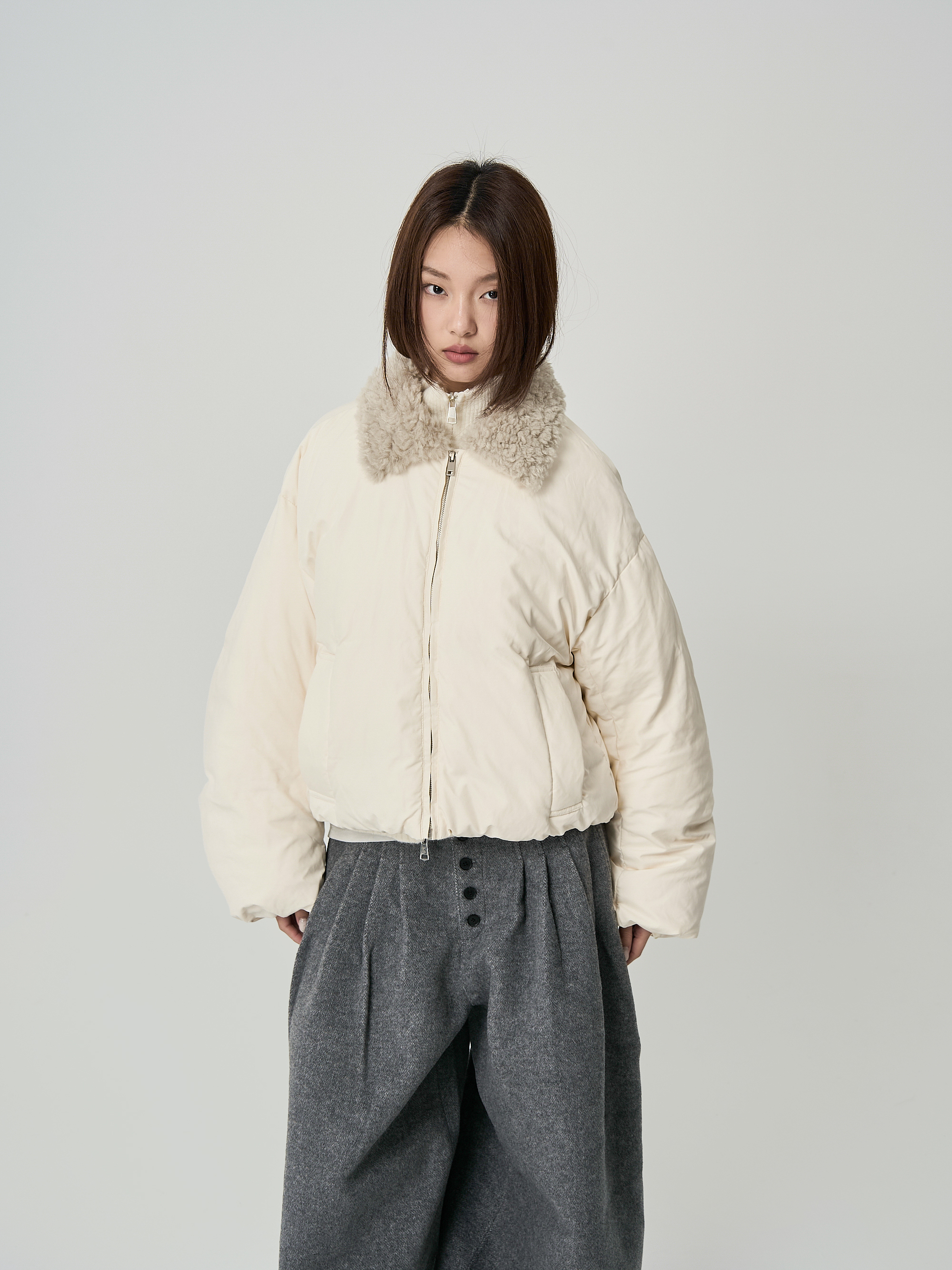 毛領羽絨外套-白